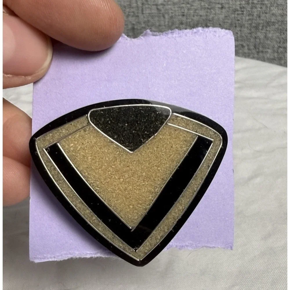 Vintage 80s Deco Revival Modernist Enamel Black And Gold  Geometric Brooch Pin